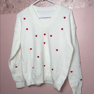 White Heart Patterned Sweater